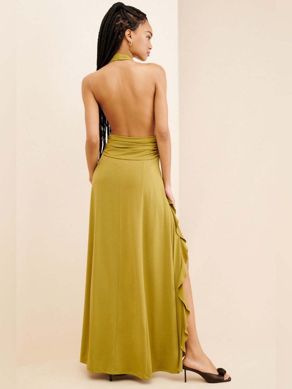 WeWoreWhat Halter Ruffle Maxi Dress Olive Green with Slits & Front Rosette - Picture 2 of 13